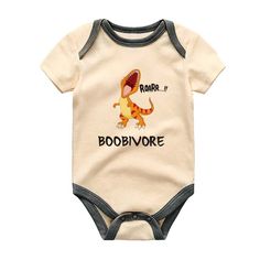 a baby bodysuit with a cartoon dinosaur on it's chest and the words boobivore written in black