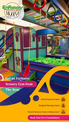 an advertisement for the children's indoor play area with colorful slides and climbing equipment