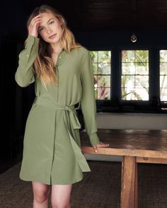 Our silk shirt dress is sleek, streamlined, and pulled together with an effortless tie at the waist. It has button cuffs and hidden button fron details. Versatile style for day to night, meetings to drinks—and washable to top it off. Plus, silk fiber contains 18 kinds of amino acids that make it amazing for skin nourishment, hypo-allergenic, and naturally thermoregulating to help maintain body temperature. Conservative Fashion, Silk Fiber, Silk Shirt Dress, Silk Slip Dress, Silk Slip, Silk Shirt, Quince, Dress First, Dresses Xs