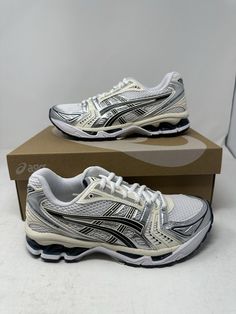 Asics Sportstyle Gel-Kayano 14 White Midnight Running Women Shoes 1202A056-109 Sizes:  5, 5.5, 6, 6.5, 7, 7.5, 8.5 Condition: These are brand new with box. Never worn. Perfect Condition. Pet and smoke free home! Box Condition: BOXES MAY HAVE SOME DAMAGES DUE TO NATURAL SHIPPING AND STORAGE REASONS!  DAMAGE MAY INCLUDE THE FOLLOWING: - SLIGHT RIPS AND TEARS ALONG THE BOX - DENTS OR SLIGHT BOX DEFORMITY - SLIGHT CUTS/SLITS FROM OPENING THE PACKAGE SHOES WILL ALWAYS BE IN PERFECT CONDITION REGARDLESS OF BOX CONDITION. ANY ISSUES OR IMPERFECTIONS WITH THE SHOE ITSELF WILL BE DISCLOSED IN THE LISTING AND WILL NOT BE HIDDEN FROM CUSTOMERS! Acisis Shoes, Asics Shoes Women, Shoe Plug, Asics Kayano, Decals Codes, Asics Sportstyle, Bloxburg Decals, Asics Gel Kayano, Gel Kayano