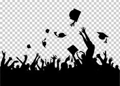 black and white silhouettes of graduates throwing their caps in the air