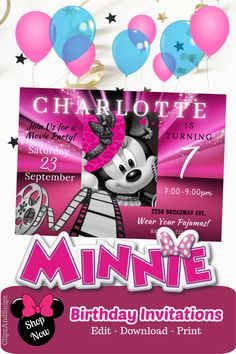 minnie mouse birthday party with balloons and streamers on the side, including an image of minnie