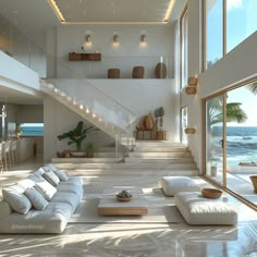 a living room filled with lots of furniture next to an ocean side house on the beach