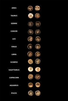 the zodiac signs are shown in gold and black