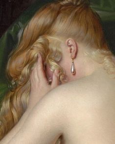 a painting of a naked woman with red hair and earrings laying on a green sheet