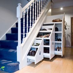 there is a blue stair case next to the white stairs in this house with shoes on it