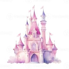 a pink castle with turrets and flags on it's roof is in the sky