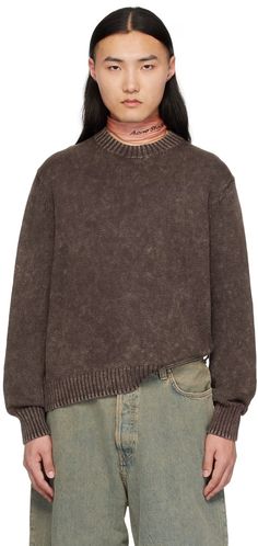 Acne Studios: Brown Embroidered Sweater | SSENSE Cable Knit Sweater Outfit, Knit Sweater Outfit, Rib Knit Sweater, Sweater Outfit, Color Coffee, Embroidered Sweater, Coffee Brown, Knitwear Men, Ribbed Knit Sweater