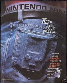 an advertisement for nintendo wii jeans with the words keep your pants in it's pocket