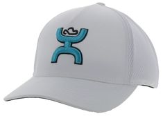 a white hat with blue and black letters on it