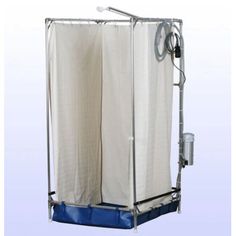 an image of a shower stall with curtains on the side and a hose attached to it