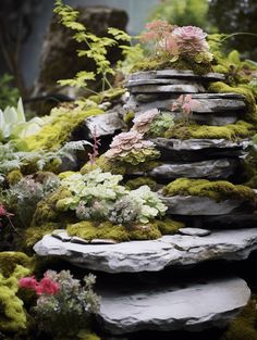 a rock garden with moss growing on it