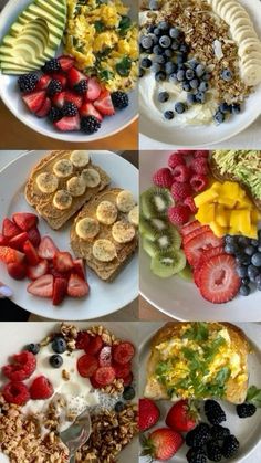 four pictures of different types of food on plates with fruit and yogurt in them