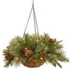 a hanging basket filled with pine cones and evergreen needles, decorated with red berries and lights