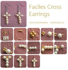 the instructions for earrings are shown in several different styles and colors, including white pearls