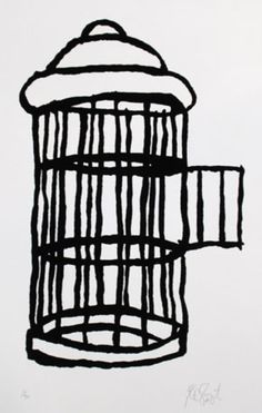 a black and white drawing of a birdcage with bars on it's sides