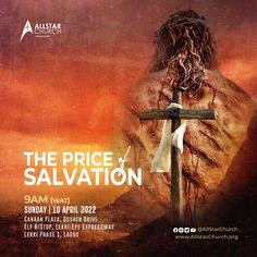 the price of salvation poster with jesus holding a cross in front of an orange sky