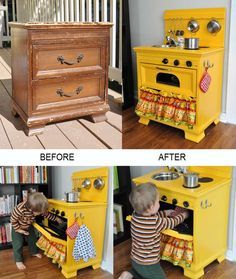 two pictures of a child playing with an old fashioned stove and oven in the same room