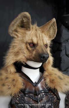 a stuffed animal wearing a leather armor and fur collar