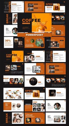 an orange and black presentation slider with coffee shop images on the bottom right side