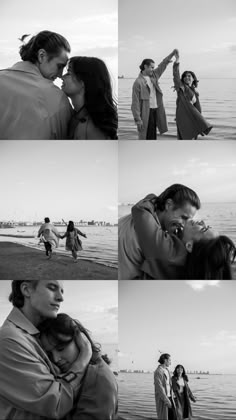 black and white photos of people on the beach with one woman kissing another man's forehead