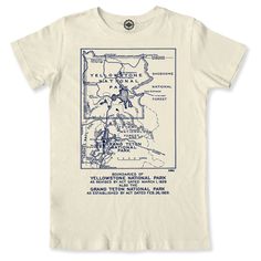 a white t - shirt with an old map on the front and blue print on the back