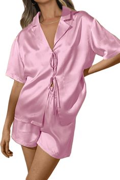 PRICES MAY VARY. Excellent quality: 97% Polyester+3% Spandex,breathable and thin fabric,which makes you feel soft and comfy and have a sound sleep.This fabric is more comfortable,smoother,soft than normal fabric. The tie front shorts sleeve women pajamas sets features unique closure-tie knot front,notch collar,short sleeve,shorts,elastic wasit,high waisted,silky smooth touch,relaxed fit.This silk satin short sleeve pajamas sets will bring out your natural elegance,while its delicate detail such Silk Pjs, Tops And Shorts, Outfits Unique, Pajamas Sets, Satin Short, Silk Pajama Set, Satin Pyjama Set, Short Sleeve Tops, Satin Pajamas