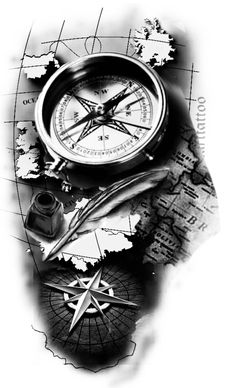 a black and white drawing of a compass on top of a piece of paper with other items around it