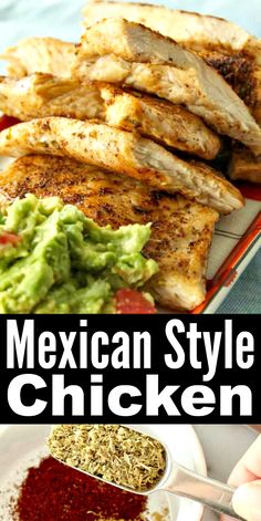 mexican style chicken with guacamole and salsa on the side is shown in this collage