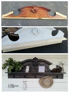 the before and after pictures of an old bed frame with wood carvings on it's sides