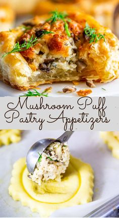 mushroom puff pastry appetizers on a white plate with a spoon in the middle