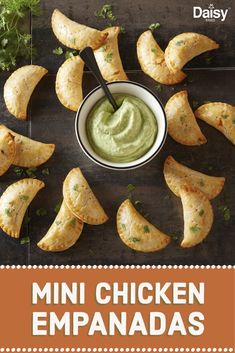 mini chicken empanadas on a table with dipping sauce