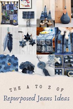 A collage of denim upcycles from flowers to table runners and rugs