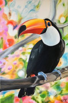 a painting of a toucan perched on a branch