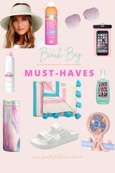 the beach bag must - haves are on display in front of a pink background