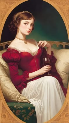 a painting of a woman sitting on a couch holding a glass of wine