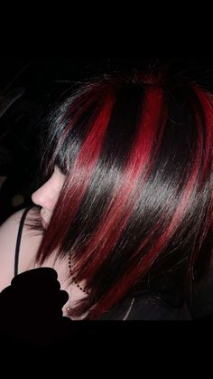 Dyed Hair With Black Hair, Long Black Hair With Red Streaks, Emo Hair Highlights, Dyed Hair Aesthetic Grunge, Black Highlights On Red Hair, Dark Red Stripes Hair, Chucky Red Highlights, Emo Striped Hair, Black And Red Tips Hair