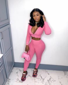 Pink Two Piece Outfit, Crop Top And Pants Set, Pinky Swear, Pink Two Piece, Lit Outfits, Pink Shop, Pink Outfits