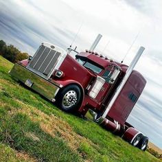 a red semi truck parked on top of a lush green field under a cloudy sky