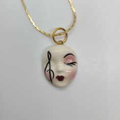 Vintage Fancy Faces New Orleans Hand Painted Porcelain Mask Pendant With Treble Clef Music Theme Design On 17" Brass Chain Unworn, In Original Packaging Porcelain Mask, Face Jewellery, Treble Clef, Painted Porcelain, Hand Painted Porcelain, Theme Design, Brass Chain, Womens Jewelry Necklace, New Orleans