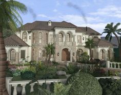 this is an artist's rendering of a large house in the tropical style with palm trees