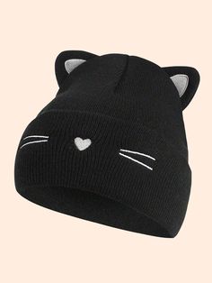 1pc Unisex Kids Y2K Style Knitted Beanie Cap With Cat Ears, Outdoor Winter Warm Hat For Daily Commute Black Casual   Acrylic  Knit Hat   Kids Accessories, size features are:Bust: ,Length: ,Sleeve Length: