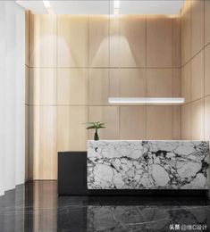 a white marble counter top sitting in front of a wooden paneled wall next to a plant