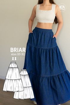 This perfectly easy yet perfectly romantic tiered ruffle skirt has all the pretty little design details needed for the ultimate summer-like piece without any time-consuming and complicated techniques. Wear either high or low-waisted! 🩵 BRIAR Tiered Ruffle Maxi Skirt PDF Digital Sewing Pattern for Women Sizes XS-XL After your purchase you will receive: an instructional ebook, the nested pattern in 5 sizes and 2 formats, A4/Letter and A0 copyshop, and the video tutorial. Design: Classic A-line si Long Skirts Patterns, Sew Womens Clothes, Simple Sew Patterns, Dress Patterns Beginner, Begginer Sewing Patterns, Long Skirt Sewing Pattern Free, Linen Skirt Sewing Pattern, Hippie Sewing Patterns, Sewing Ideas For Beginners Clothes