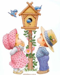 two children are looking at a birdhouse with birds flying around it and one child is wearing a pink dress