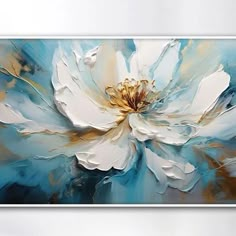 a large white flower with blue and gold accents on it's petals, painted in acrylic paint