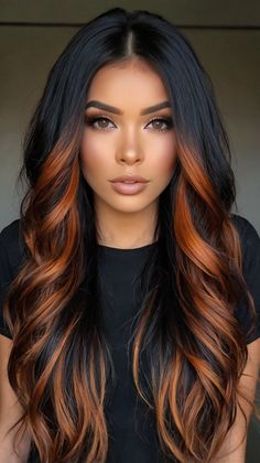 Copper Highlights: Stylish Copper Money Piece on Black Copper Peekaboo Hair, Money Piece Hair Black, Copper Money Piece Hair, Black Hair With Copper Highlights, Copper Money Piece, Copper Highlights On Black Hair, Fire Ombre Hair, Highlights On Black Hair, Money Piece Hair