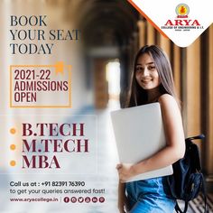 a woman holding a laptop in her hand and smiling for the camera with text reading book your seat today