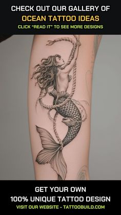 a woman's leg with tattoos on it and the words, check out our gallery of ocean tattoo ideas click ahead to see more designs