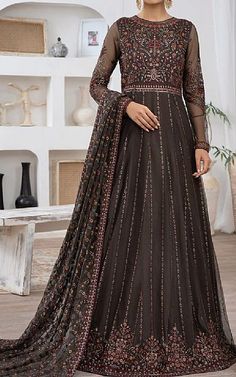 Black Net Suit -  Pakistani Chiffon Dresses Net Gown Designs Indian, Gown Designs Indian, Net Gown Designs, Brown Prom Dresses, Long Anarkali Gown, Net Gown, Gown Designs, Designer Anarkali Dresses